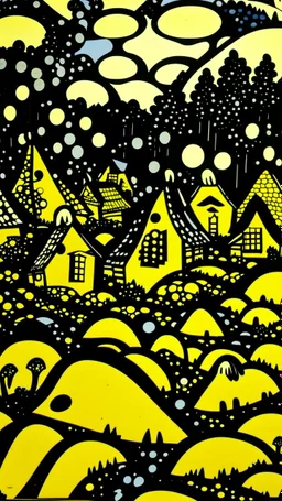A small yellow village with glowing mushrooms painted by Roy Lichtenstein