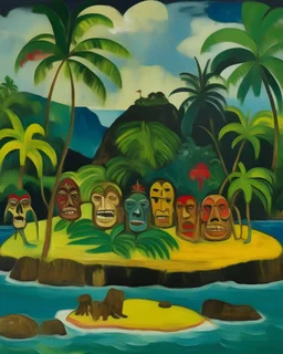 An island filled with tikis painted by Paul Gauguin