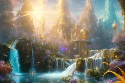  white and gold crystal cosmic ambiance，waterfall, full of details, smooth, bright sunshine，soft light atmosphere, light effect，vaporwave colorful, concept art, smooth, extremely sharp detail, finely tuned detail, ultra high definition, 8 k, unreal engine 5, ultra sharp focus