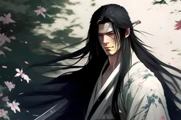 a man with long black hair and a sword looks in an arrogant and distant way, fantasy, attractive, soft chin, asian, kimono