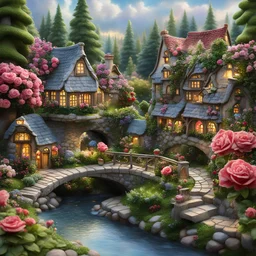 Art nouveau-inspired miniature village scene, featuring gnome-sized cozy houses modeled after German architecture, complete with a rustic street lined with blooming roses, Thomas Kinkade-like warmth emanating from windows, a quaint bridge arching over a serene pond fed by a babbling stream, German flora accenting the landscape, under a partly cloudy sky that carries the promise of a sunny day ahead, hues reflecting the characteristic colors of Germany, composition invoking the mystery of a fable