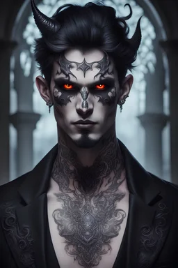 A well dressed beautiful male demon,gothic aesthetic, glowing eyes, face tattoos