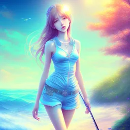 beautiful girl day, sunny, relaxing, sea, trees, real details --v anime style