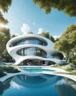 Photography of a futuristic house, in a residential area with trees. The house has organic shapes and a futuristic white design. There are bodies of water such as ponds or rivers that intersect with the urban environment. The atmosphere is summery, clear blue sky. Ultra quality, hyper detailed, 8k