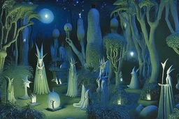 surreal gardens at night, lanterns, marble statues hiding in bushes, by artist "Leonora Carrington" and "Leonardo da Vinci"