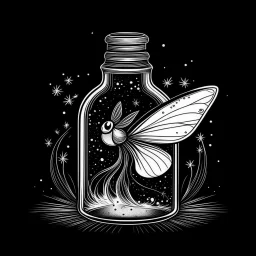 Make black and white cute drawing of a Fairy Dust Bottle with black bold lines. Only outline, no grayscale. A tiny glass bottle filled with glowing, sparkling dust in rainbow colors. Add wings to the bottle or have it tied with a ribbon and surrounded by floating, glowing specks.