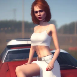 happy cute chick sitting on roof of a car portrait, wreckfest, spectacular graphics, unreal, white skirt