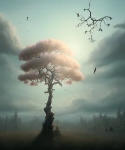 a beautiful digital painting of a marble tree entertwined in tumutluous clouds, intricate white branches and birds flying in the sunlight, blue sky at sunset, elegant, highly detailed, artstation, concept art, matte, sharp focus, art by tom bagshaw, kelogsloops and greg rutkowski