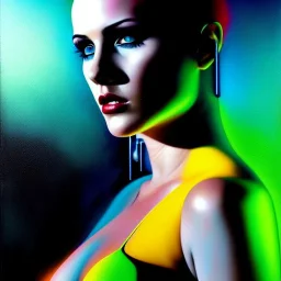 portrait oil on canvas, beautiful punk busty female Cyborg, looking to viewer, sad green eyes, post-apocalyptic in a cyberpunk city,minimal skintight suit, blade runner, comic book cover, mystical colors, CYAN, neon, insanely detailed,realistic,intrincate detail, 16k resolution, masterpiece, Adam hughes