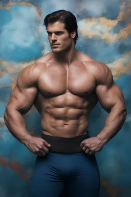 Christopher Reeve/Henry Cavill/David Corenswet ((Superman)), new 52, extremely huge, overexaggerated muscles, posing and flexing in a front of the camera, random extreme action poses, an extremely colorful, multicolored foggy blue marble wall in the background with a colorful marble tile floor, multicolored lightning, realism engine,