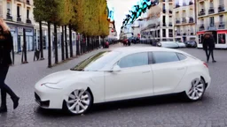 A Tesla's 'Model S Plaid' is doing donuts, by the 'Sacre Coeur', in Paris. CINEMATIC. WIDE ANGLE LENS. PHOTO REAL.