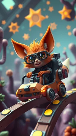 big ass space hairy hi tech alien cowboy gremlin orange fox with glasses in tiny cart chair floating around in space in a weird living space camper ship driving down weird twisted track in space station jungle, spell jammer, Pixar-inspired, expertly crafted in a whimsical and vibrant cartoon style. is masterfully rendered in a lifelike 3D design, which captivates viewers with there irresistible charm. The background is filled with warm, inviting colored star clusters and a 3D render