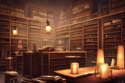 library background, warm light, night outside, table lamp, bookshelves, without human