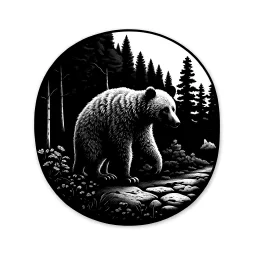 Sticker design on white background, Teddybear walking in a forest, in liberty art style, side light, high details, photorealistic, monochrome, black and white