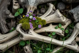 digital art wildflowers and bones, on the old, dry bones there is sometimes a little moss, and wildflowers, green soup vines are wrapped around them, leaves, grass, small flowers, passing, peace, silence, ethereal, symbiosis of life, death and the vegetation of the earth, cycle, impressive, thought-provoking, suggestive, beautiful and artistic style