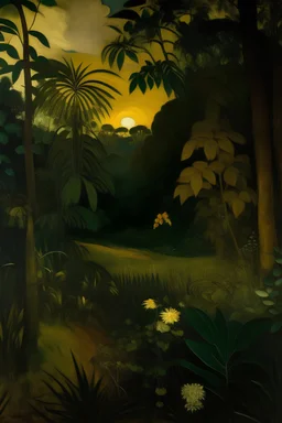 A dark gold rainforest near a field painted by Paul Gauguin