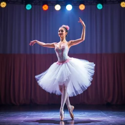 create of a beautiful balerina in pretty clothing in a modern cifi stage in her performance cinamatic lights .dancing lambada