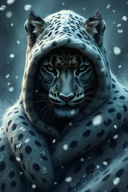 Create a chilling and unsettling photograph featuring a humanoid snow leopard with spotted fur. The leopard is dressed in a hooded cloak made from bison fur. Snow and icy air swirl around it, creating an atmosphere of winter’s fury. The leopard's face should express sadness, using rough brushstrokes to give texture. The background must be dark and grim, enhancing the sense of horror and anxiety. Use bright colors and intricate details to make this image truly unforgettable, immersing the viewer