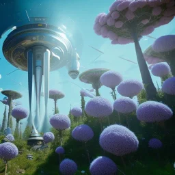 Spaceship landed on futuristic planet, sunny day. clear blue sky, cascade, flowers. Elegant. Extremely detailed. Award winning photography. Fantasy. 8k. Cinematic lighting. Photorealistic. Dynamic lighting. Imperial colors. Crisp quality. Unreal Engine. Colourful cinematic postprocessing. Pixar. VRay.