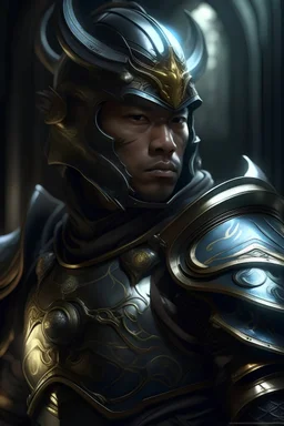 the ultimate dual wielder in dungeons and dragons, unending inner conflict of good and evil is visible in his character design and wearing asian inspired plate armor with a helmet that has high tech futuristic edged armor built into it. hyperrealistic, photorealism, illustration, art, digital art, 4k artwork, ranger gloomstalker, warlock, rogue, paladin