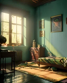 Room scene with alligator sleeping, Wes Anderson styler, realistic image, concept art, smooth, unreal engine 5, god lights, ray tracing, RTX, lumen lighting, ultra detail, volumetric lighting, 3d.