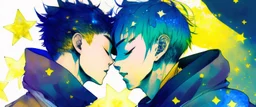 portrait anime man kissing man, ,yellow, stars hearts water, blue, watercolor, Yoshikata Amano, Edwin Landseer, Ismail Inceoglu, Russ Mills, Victo Ngai, Bella Kotak, hyperdetailed 8K resolution HDR DSLR, ultra detailed, ultra quality, CGSociety, intricately detailed, color depth, gliter, kiss