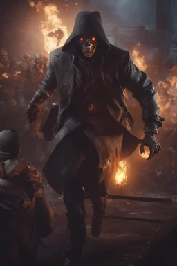 Insane warlock fighting zombies. full body shot. Cinematic lighting, Volumetric lighting, Epic composition, Photorealism, Very high detail, Character design, Unreal Engine, Octane render, HDR, Subsurface scattering, fantasy art,