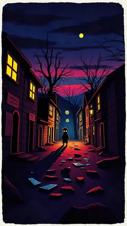 A creepy deserted village at twilight, all windows boarded up, eerie streets lit by a neon glow, broken shards of mirrors scattered in the dust, shadows stretching unnaturally long, a strange figure with hollow eyes staring from an alley. VHS grain effect, distorted outlines, dark cinematic cartoon style, heavy shadows. style cartoon vhs