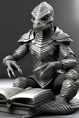 reptilian humanoid, grey diamond - shaped scales, big magic book