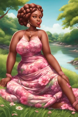 An airbrushed illustration of a curvy black cartoon woman sitting relaxed on a sunny riverbank, lush green grass surrounding her. Facing left in profile, she has flowing chestnut hair styled in an elaborate braided twist. complementing the pink floral maxi dress wrapped snugly around her exaggerated curves. One hand touches her cheek lightly as she looks to the distance, brown eyes enhanced by long lashes and purple eyeshadow. Bold brown lips match the brown flowers on her dress