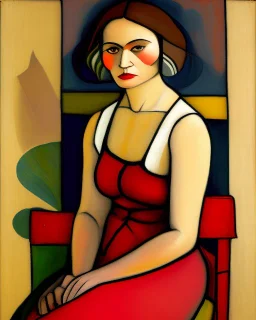 painting of a tired woman sitting on a chair, inspired by Paula Modersohn-Becker, flickr, cubism, kalighat highly detailed, mahmud barzanji, sleeveless, oilpaint, variations around female, scarlet, 1970s philippines, family portrait, sukhasana, in the styles of thomas eakins, centre composition, phuoc quan