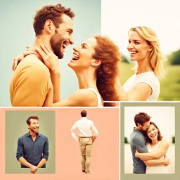 Four pictures of two people (a man and a woman) who will be very happy because of each other.