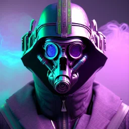 full body apocalyptic purple masked villain in galaxy, teal and purple smoke, detailed, realistic, 4k