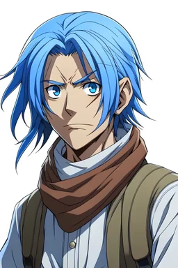 guy animation character with medium long blue hair that tie it like attack on titan