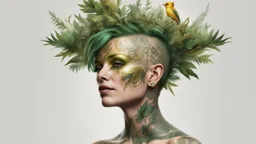 white background, punk 45 years old, forest on head, plant hair, green plants, golden birds, golden makeup, tattoo, shiny aura, very detailed, fine rendering, high detail, high resolution, 8K