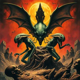 a high definition screen shot of a ancient alien comic book cover detailing the creatures found on other worlds, retrofuturistic, phototrealism, Macabre Rapture End of days Revelation scene, isanely detailed matte oil painting, sinner apotheosis,diagonal composition, unbalanced, abstract surreal horror, eerie, scary warm colors, Eldritch, JonKnockTurnal 2999 ufo, bilaterally