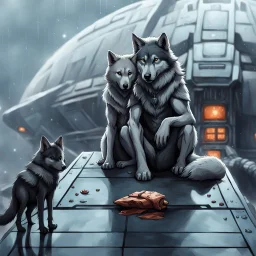 digital art front in picture an of little dark dog like creature stands and looking an anthropomorphic wolf couple sitting on the spaceship's ramp close together, the pale gray female wolf sits behind strong male wolf and puts one paw on the dark gray wolfman's shoulder, raini day, on ramp a little piece of meat lies down, high contrast, high detalied, high realistic, in background detail of an angular spaceship visible. Rain, The atmosphere is a seamless blend of sci-fi, dark fantasy