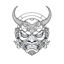 White, minimalis line art , cute oni mask japanes , vector, white background, outline, with images neatly contained within the background, just black and white color, tatto style.