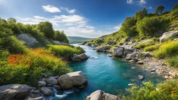 desktop wallpaper ,Turkey istanbul kus adasi,country side wavy rocky river ,wild flowers,blue sky nice clouds,