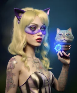 Ultra realistic photo, happy couple, blonde Alice woman and purple cat smoking a pipe, circus blue dress style, black headband with bow, old school body tattoo, smoke, marihuana garden, glow eyes, perfect iris, soft color, highly detailed, unreal engine 5, ray tracing, RTX, lumen lighting, ultra detail, volumetric lighting, high definition.