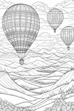 In a colorful hot air balloon, passengers ascend over undulating emerald hills. The panoramic view of the countryside below showcases nature's unspoiled beauty, while the balloon's silent flight represents a serene escape and a perspective of unbridled freedom..coloring book page, simple and clean line art, adult drawing book, black and white, crisp black lines, no shades, sharp lines, coloring book for adults, cartoon style, landscape