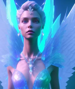 A crystalised queen, atmospheric, realistic, unreal engine, cinematic lighting, octane render. blue, pink, transparency, light, shine,bright, full body, transparent wings, blonde, long hair, nice smile