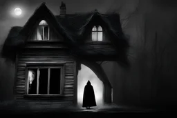 fantasy, black and white, surrealist, high contrast, high shadows, ambient mystery, tim burton character, a woman with cape and hood is outdoor, a woman old wood house and look through window inside house, woman with her back to the camera, close up window, light on inside house, woman in front of window, reflection moon in a glass window, big window, a woman in front of a window, other window reflection full moon