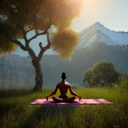 A yogi doing meditation under tree in Himalayas, sun light, hd, hyper realastic