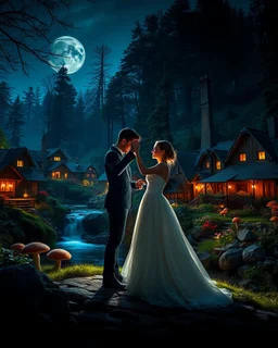 Close up Camera profesional Photography photoshoot Romance Wedding Couple Dancing in Wonderful landscape fantasy night photography art Rivendell Village, darkness midnight magical forest and houses,beautiful light lamps,mushrooms,flowrs,little waterfall,river