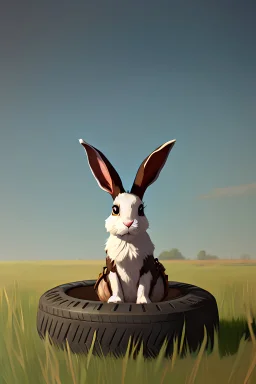 portrait of a bunny with big hanging ears, sitting in an old worn tire, in a field of various grasses.