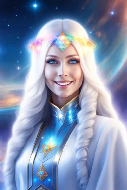 cosmic woman smile,galactic fédération, admiral from the future, one fine whole face, crystalline skin, expressive blue eyes,rainbow, smiling lips, very nice smile, costume pleiadian, Beautiful tall woman pleiadian Galactic commander, ship, perfect datailed golden galactic suit, high rank,rainbow hair, hand whit five perfect detailed finger, amazing big blue eyes, smilling mouth, high drfinition lips, cosmic happiness, bright colors, blue, pink, gold, jewels, realist, high,ufo,butterfly rainbow,