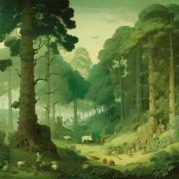 A mint colored animal kingdom in a forest designed in Bayeux tapestry painted by George Inness