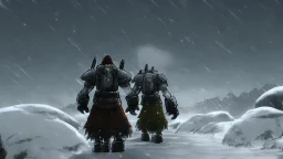 3 Warriors in blizzard, from behind, comic style