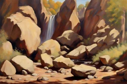 Sunny day, rocks, waterfalls, rocky land, mountains, friedrich eckenfelder and geores lemmen impressionism paintings